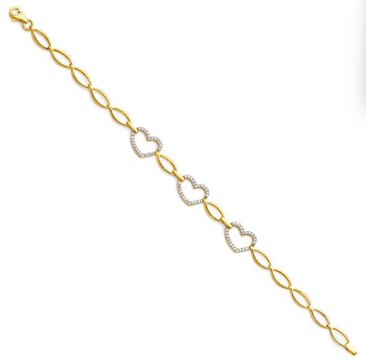 "Three Heart Bracelet" 14K Yellow CZ "Brazalete de 3 Corazones" 14k con Zircona