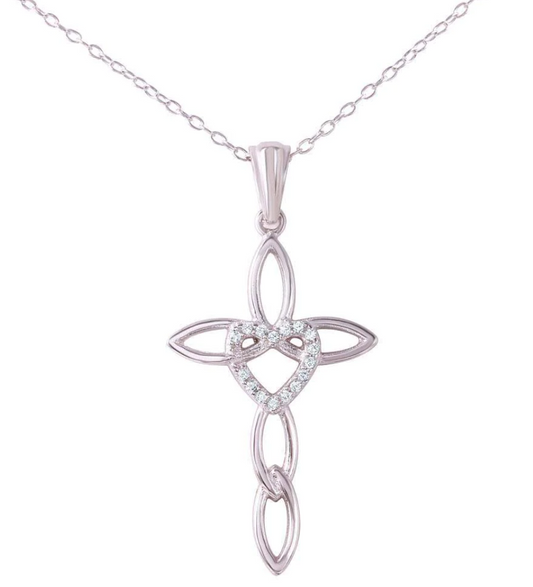 "Fancy Cross and Centered Heart" Pendant Silver Necklace Collar de plata con dije de cruz y corazon de zircona