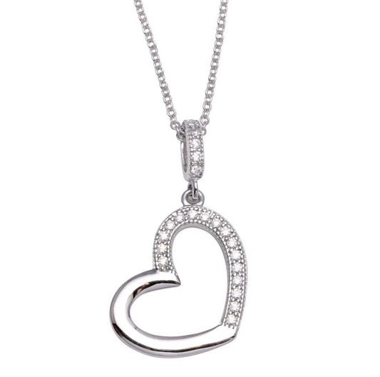 "Sideways Open Heart Inlaid with Clear Czs" silver Necklace withCollar corazon abierto de lado con zircona