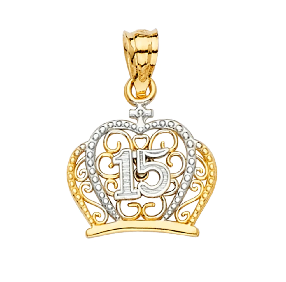 "15 YEARS CZ CROWN" 14K Two Tone pendant "Corona de 15 años Zircona " dije de 14k dos tonos