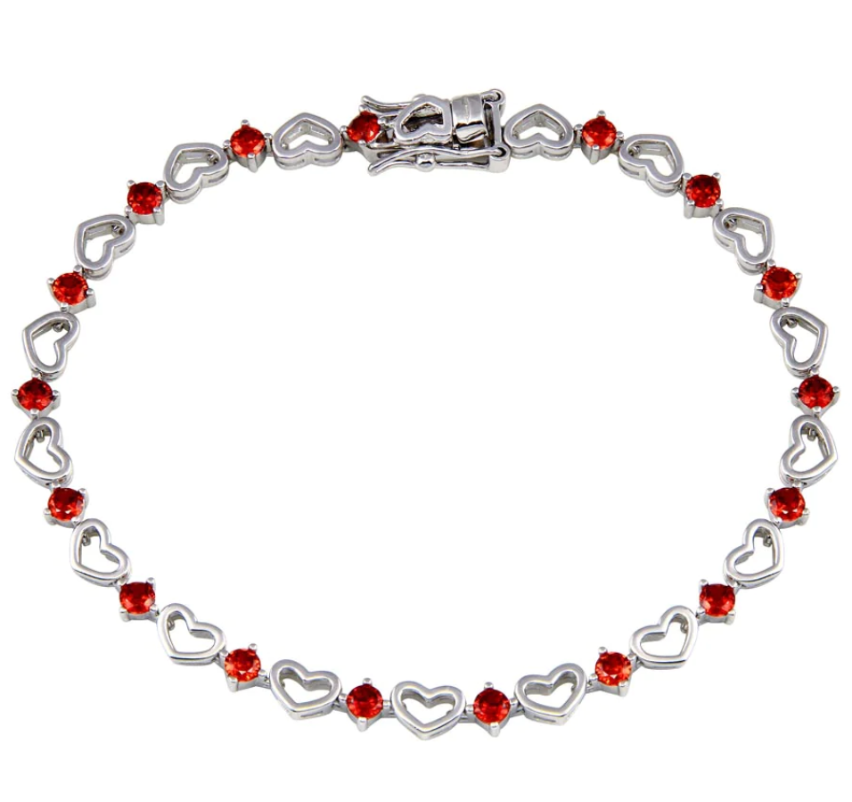 "Red CZ Heart Link Bracelet" Sterling Silver "Brazalete de Corazones rojo de Zircona" de Plata