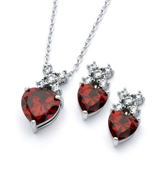 "Red Heart CZ Set" Sterling Silver " Set de Corazones Rojo de Zircona" de plata