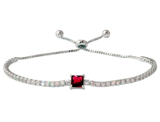 "Lariat Bracelet with Red CZ Square Center" Sterling Silver "Brazalete Lariat con piedra roja al centro de zircona" de Plata