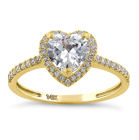 "Heart Cut Halo CZ Ring" 14K Yellow Gold  "Corte de Corazon Halo Anillo de Zircona" de Oro 14k