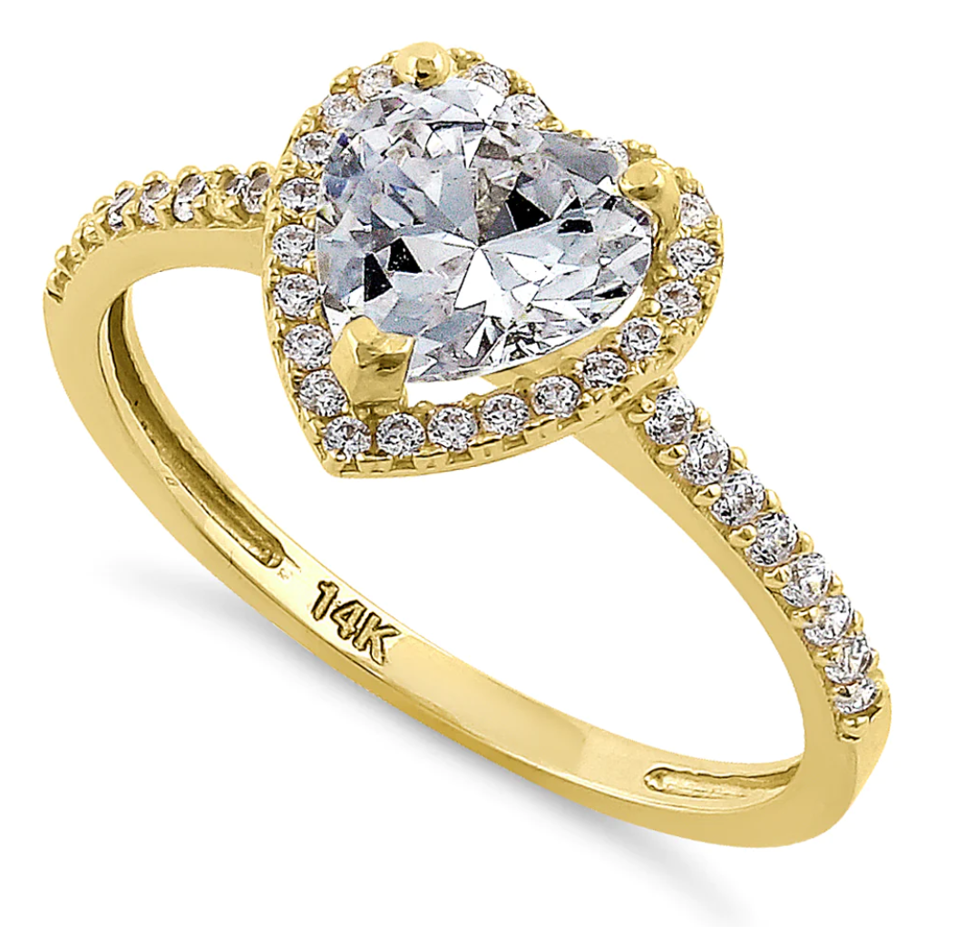 "Heart Cut Halo CZ Ring" 14K Yellow Gold  "Corte de Corazon Halo Anillo de Zircona" de Oro 14k