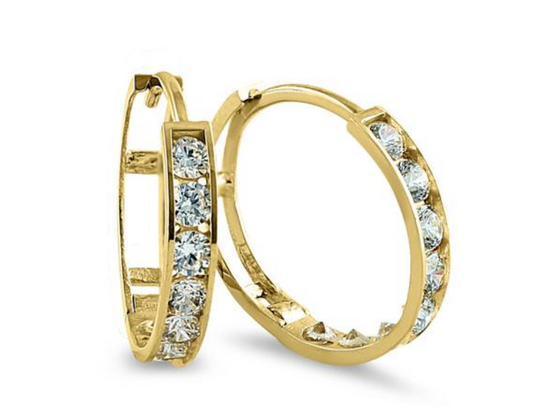 "CZ Hoop Earrings" 14K Yellow Gold "Arracadas de Zircona" Aretes de Oro 14k