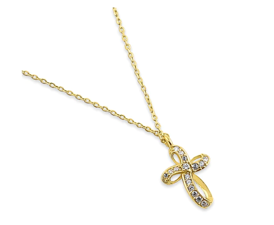 "Ribbon Cross CZ" Necklace 14K Yellow Gold "Cruz de Cinta Zircona" Collar de Oro 14k