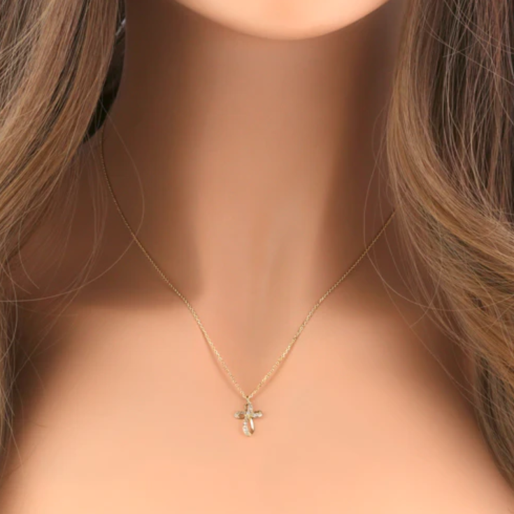 "Ribbon Cross CZ" Necklace 14K Yellow Gold "Cruz de Cinta Zircona" Collar de Oro 14k