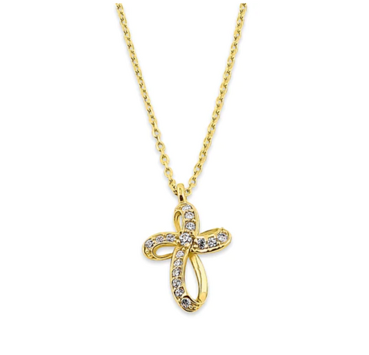 "Ribbon Cross CZ" Necklace 14K Yellow Gold "Cruz de Cinta Zircona" Collar de Oro 14k