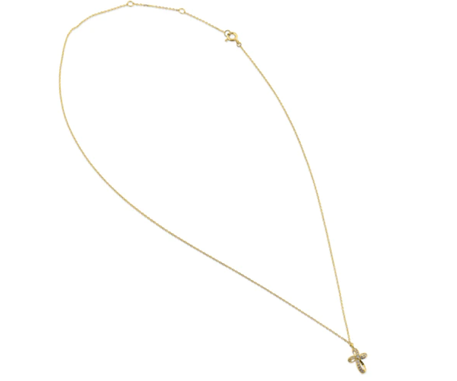 "Ribbon Cross CZ" Necklace 14K Yellow Gold "Cruz de Cinta Zircona" Collar de Oro 14k