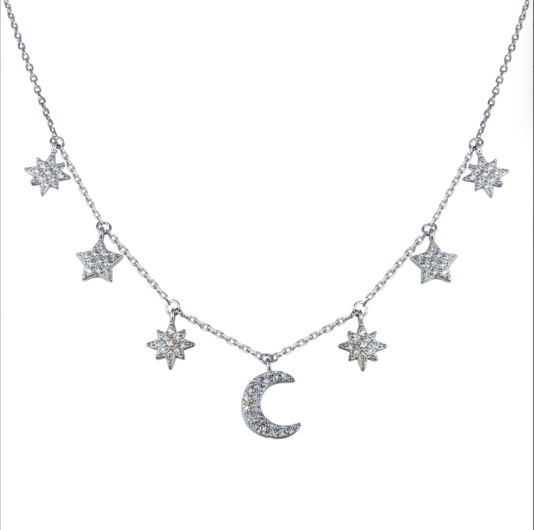 "Star and Crescent Moon Necklace" Sterling Silver CZ "Collar de Estrella y Luna" de Plata y Zircona