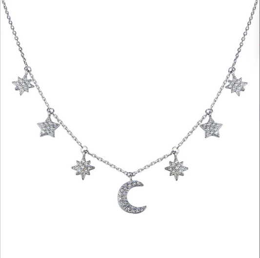 "Star and Crescent Moon Necklace" Sterling Silver CZ "Collar de Estrella y Luna" de Plata y Zircona