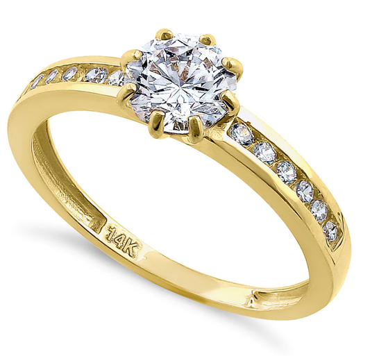 "Round Cut" CZ Engagement Ring Solid 14K Gold"Corte Redondo" Anillo de Compromiso de Oro 14K CZ