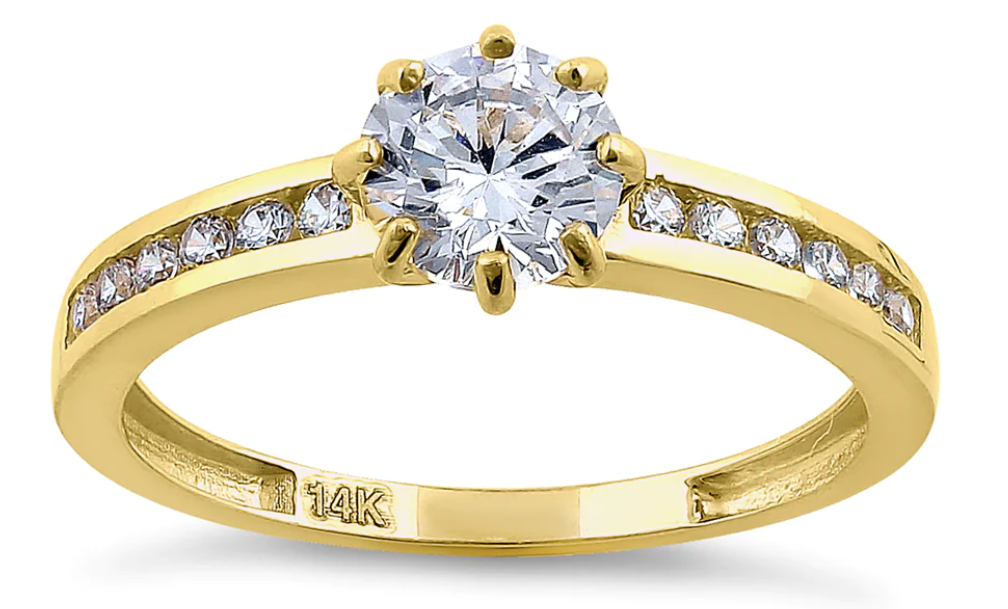 "Round Cut" CZ Engagement Ring Solid 14K Gold"Corte Redondo" Anillo de Compromiso de Oro 14K CZ