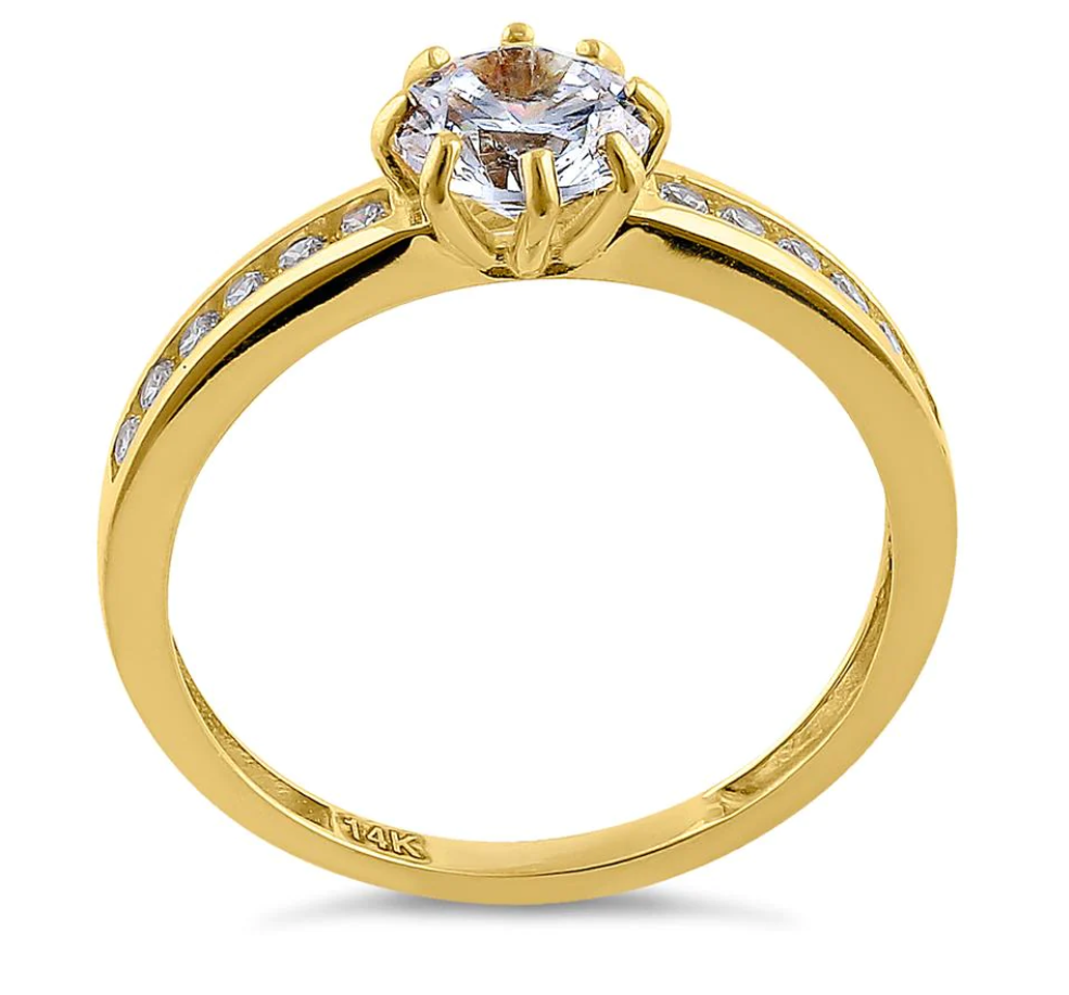 "Round Cut" CZ Engagement Ring Solid 14K Gold"Corte Redondo" Anillo de Compromiso de Oro 14K CZ