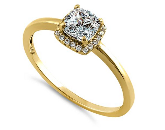 "Simple Halo Cushion Cut" CZ Engagement Ring Solid 14K Yellow Gold "Corte cojín con halo simple" Anillo de compromiso de Oro 14k ZC