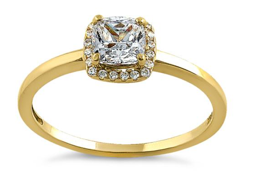 "Simple Halo Cushion Cut" CZ Engagement Ring Solid 14K Yellow Gold "Corte cojín con halo simple" Anillo de compromiso de Oro 14k ZC