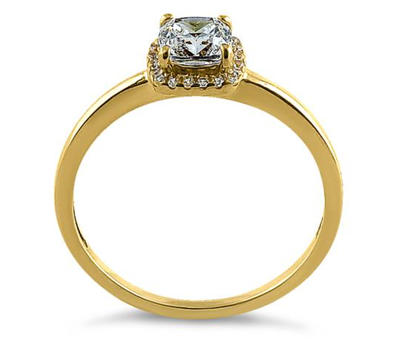 "Simple Halo Cushion Cut" CZ Engagement Ring Solid 14K Yellow Gold "Corte cojín con halo simple" Anillo de compromiso de Oro 14k ZC