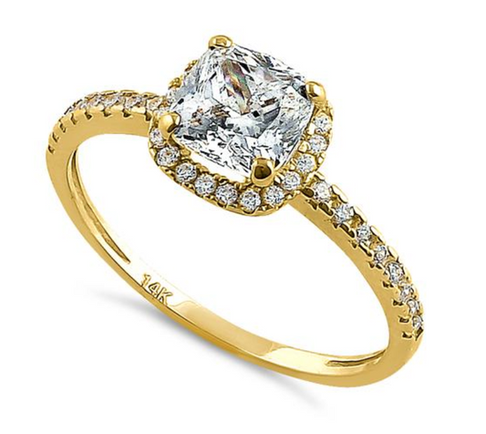 "Halo Cushion Cut" CZ Engagement Ring Solid 14K Gold "Corte cojín halo" Anillo de compromiso de Oro 14k ZC