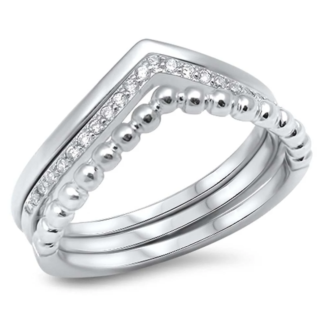 Multiple Chevron Rings with Clear CZ Sterling Silver