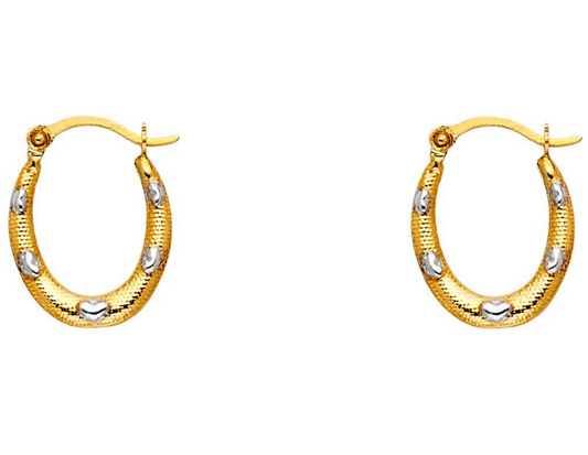 "Oval Texture with Hearts" Two Tones Hoop Earrings 14K  "Aretes Ovalados con Textura de Corazones" Dos tonos de 14K